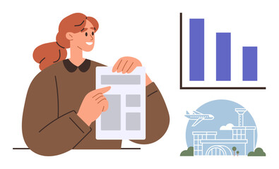 Woman holding and analyzing a document, adjacent to a bar chart and airport illustration. Ideal for career planning, data analysis, travel industry, business growth, education, decision-making