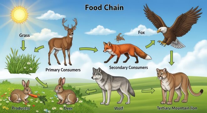 Detailed Food Chain Illustration Depicting Producers, Consumers, and Energy Flow in Nature