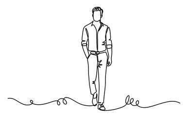 Continuous line art of a young and handsome man in a business suit walking with his hands in his pockets. concept of going to work or coming home from work