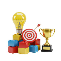 Business success symbols including lightbulb target and trophy isolated on transparent background