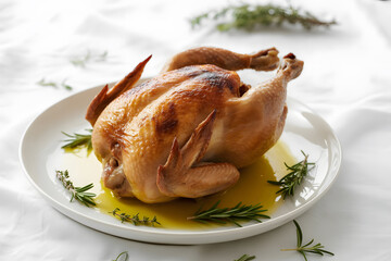 whole golden roasted chicken with vegetables served on plate brown meat tender cooked dinner meal juicy oil ready grilled leg turkey delicious isolated white background broiled top side view angle