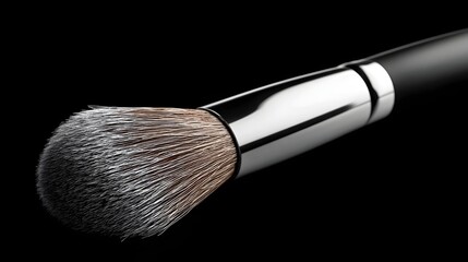 Fototapeta premium Detailed Close-Up of a Professional Makeup Brush with Soft Hair and Sleek Handle on Black Background
