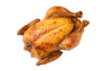 whole golden roasted chicken with potatoes served on plate brown meat tender baked dinner meal juicy oil ready grilled drumstick turkey delicious isolated white background roasted top front view angle