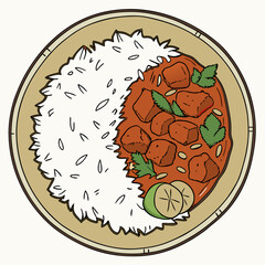 Vector art of overhead illustration of a plate with curry and rice, , representing indian cuisine and culture