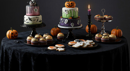 Halloween spooky cake table with spider cupcakes, ghost cookies, creepy festive treats, playful scary celebration, realistic themed dessert display, fun Halloween party table