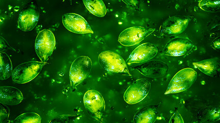 Glowing seeds suspended in vibrant green liquid, embodying natural healing and vitality.
