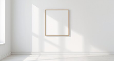 Minimalist Interior with Wooden Frame and Sunlight, White Wall and Wood Floor.