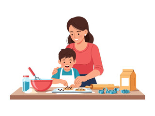 Baking Moments: A mother and son share a heartwarming moment, engrossed in the simple joy of baking together, crafting delightful cookies in a lighthearted, family-focused scene.