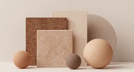 Minimalist Still Life with Geometric Forms in Earthy Tones, Square and Circular Shapes.