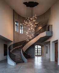 Obraz premium Spiral Staircase in Grand Hallway. Chandelier in the background. Possible Real Estate
