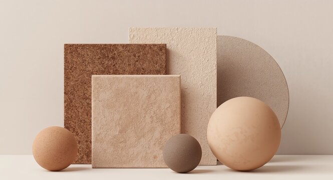 Minimalist Still Life with Geometric Forms in Earthy Tones, Square and Circular Shapes. - Powered by Adobe