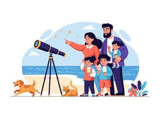 Family Stargazing at the Seaside: A close-knit family gazes up toward the stars with a telescope on a sunny day, surrounded by the serene seaside. A happy dog runs near them.