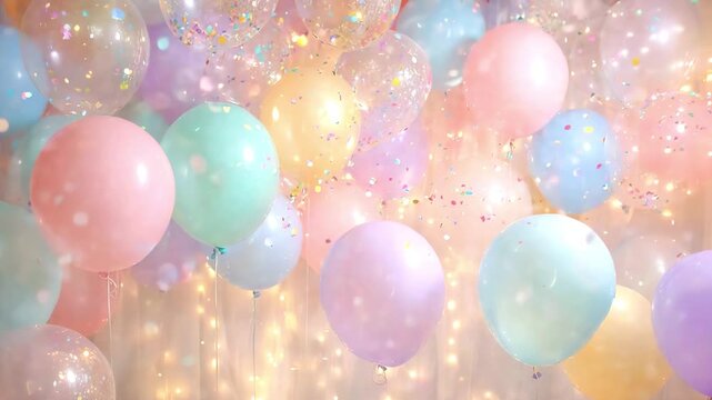 Lots of pastel balloons decorate the party room, glittering confetti and soft fairy lights create a festive atmosphere, concept of birthday or kids party