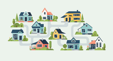 Stylized vector illustration of a suburban neighborhood with colorful houses connected by a winding road.
