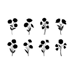 Floral silhouette collection showcasing various blooming flowers in a simple design suitable for decor and graphic applications