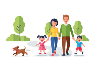 Family stroll in park: A vibrant illustration of a family, parents and two children, taking a leisurely walk through a park. A playful dog bounds alongside.