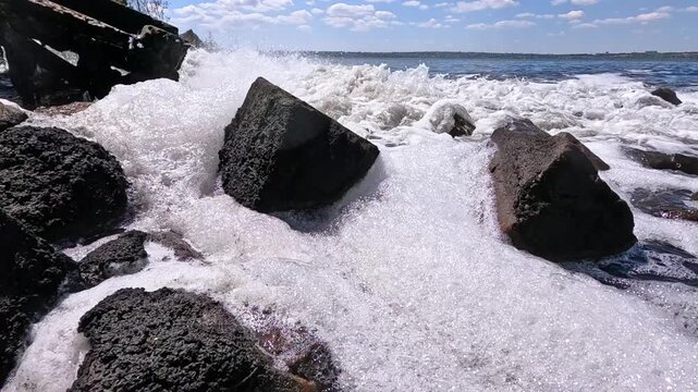 The Khadzhibey Estuary, stinking dirty water from old sewage treatment plant of Odessa city flows into estuary