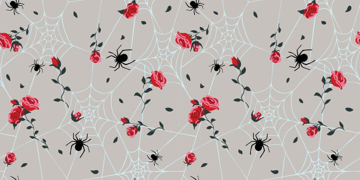 Seamless halloween pattern with spiderwebs, red roses and spiders