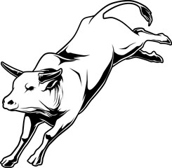 Schwarz-Weiß Illustration eines bockenden Stieres in dynamischer Sprungpose
