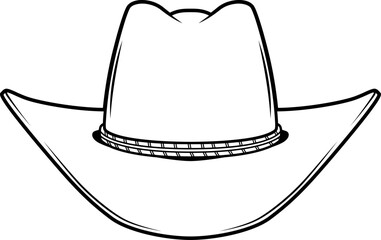 Schwarz-Weiß Illustration eines Cowboyhuts mit breiter Krempe in Vorderansicht

