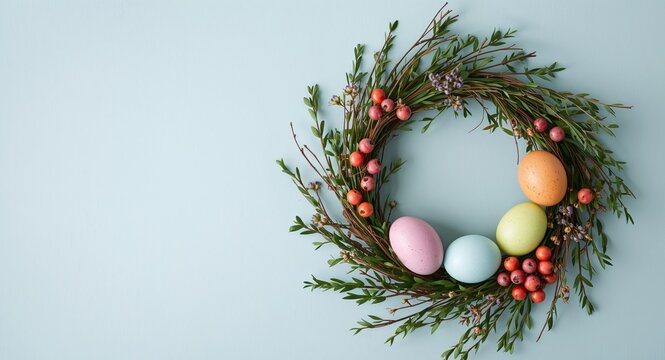 Pastel Easter Egg Wreath on Light Blue Background Spring Holiday Decoration.