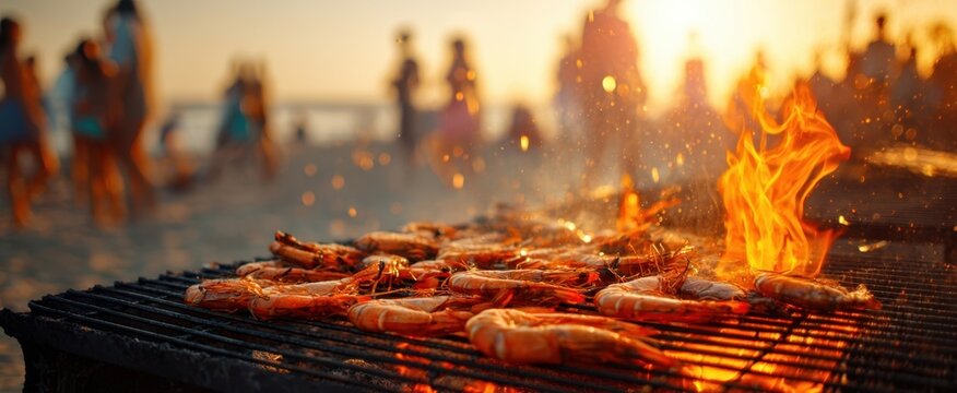 The sizzling shrimp on a beach grill during a vibrant sunset gathering.