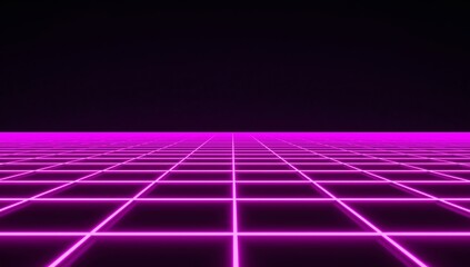 Retro 80s Style Neon Grid Perspective Background, Glowing Pink Floor in Dark Space.