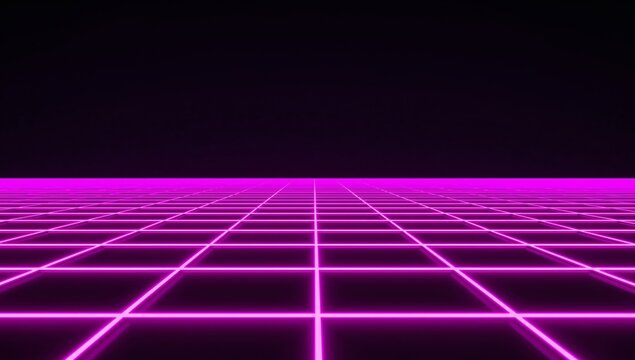 Retro 80s Style Neon Grid Perspective Background, Glowing Pink Floor in Dark Space.