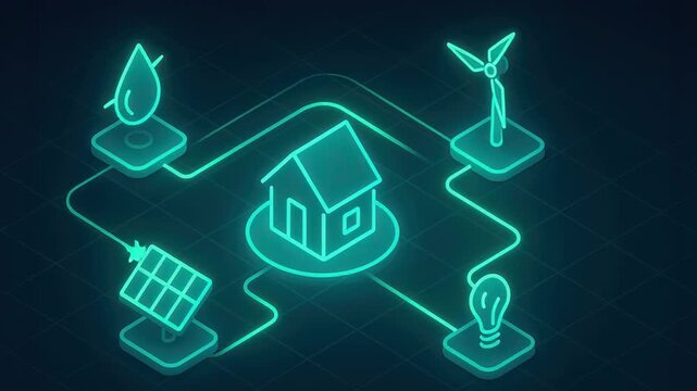 Smart home energy system featuring neon icons of solar panel, wind turbine, water drop, and light bulb connected by glowing lines in futuristic digital network design on dark background