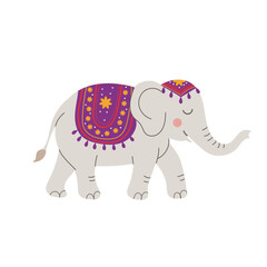 Decorative elephant with colorful patterned saddle. Cute Indian elephant illustration for celebration, culture or Diwali theme. Vector character on white background.