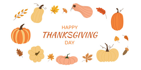 Thanksgiving banner with pumpkins and autumn leaves . Festive fall greeting card. Cute illustration on white isolated background.
