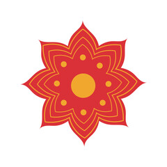 Traditional rangoli flower. Decorative Indian festive symbol used for Diwali. Vector ornament in bright floral design, isolated on white.