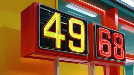 Close Up of Neon Digital Scoreboard with Brightly Lit Numbers Displayed in a Modern Setting