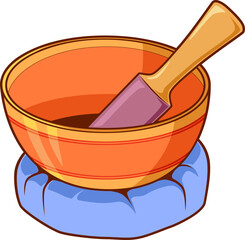 Bunte Illustration einer Klangschale mit Klöppel auf blauem Kissen
