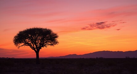 Serene Desert Sunset. Silhouette of a Tree Against the Vivid Sky, Mountains in the Distance