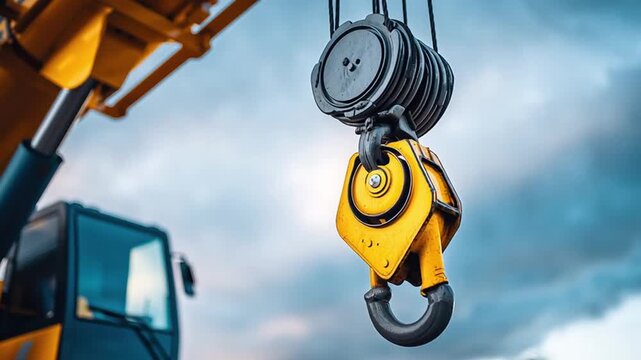 Crane hook with pulley system hanging outdoors industrial equipment for lifting heavy metal machinery construction site detailed close up yellow hook against cloudy sky heavy lifting machinery
