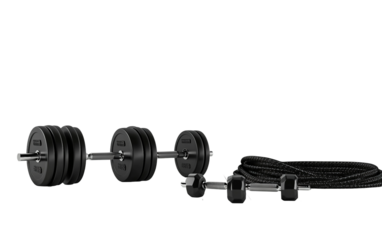 Home or commercial gym setup featuring dumbbells and jump rope for strength and cardio exercises isolated on transparent background PNG