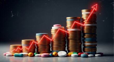 Rising Pharmaceutical Costs: Stacks of Money and Pills with an Upward Trend Arrow Symbolizing Growth, Investment, and Expense in the Healthcare Industry.