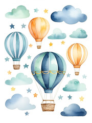 Watercolor baby collection with  hot air balloon, ribbon, clouds and arch. Hand drawn cute isolated  illustration on white background