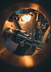 Focused perspective on the sophisticated internal mechanisms of an industrial production machine, demonstrating advanced engineering and the precision of automated manufacturing processes