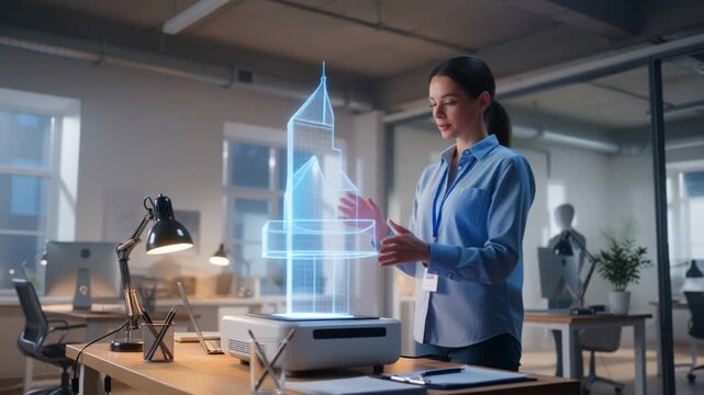 Female Architect Interacting with 3D Holographic Skyscraper Model for Urban Development Innovation