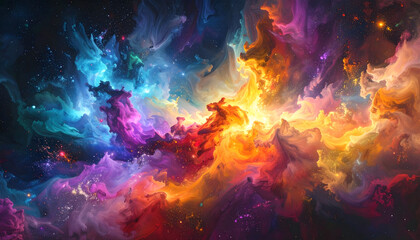 Obraz premium Vibrant particle cloud forming abstract emotional visualization, dynamic colorful energy flow concept.