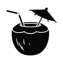 Black silhouette of a tropical coconut drink with umbrella and straw