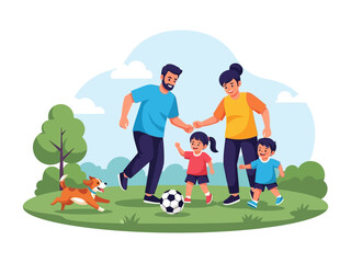 Family Time: A joyous scene unfolds as a family plays soccer in a park. Capture the happiness, connection, and playful interaction of a loving family during their outdoor activity.