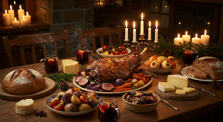 Naklejka premium Winter solstice feast table with roasted meats, bread, mulled wine, and candles, cozy festive celebration, hearty seasonal meal, realistic warm holiday gathering, elegant winter dinner display