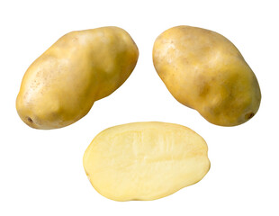 Top view set of raw potato tubers with half isolated with clipping path in png file format