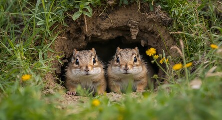 Obraz premium Two Adorable Chipmunks Peeking Out From Their Burrow, Surrounded by Lush Greenery.