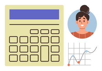 Calculator keypad, data line graph, and a professional portrait emphasize analytics, problem-solving, planning, statistics, financial calculation, data visualization and teamwork. Simple flat