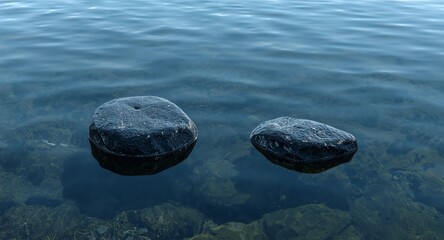 Two Rocks in Calm Water, Reflecting the Sky and Underwater Vegetation, closeup.