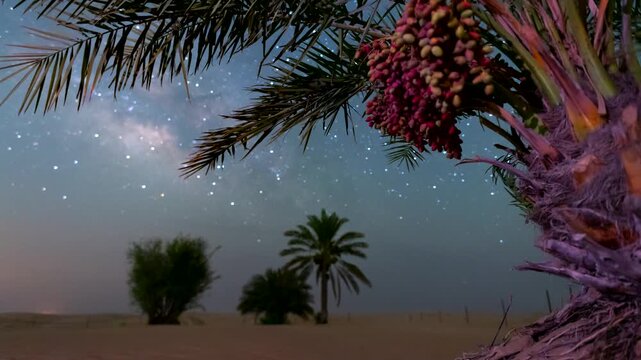 Stunning 4k timelapse of the night sky Milky Way galaxy motion passing the dates palm tree in the oasis desert sand dune. Clear night sky, stars scape in a remote wilderness location